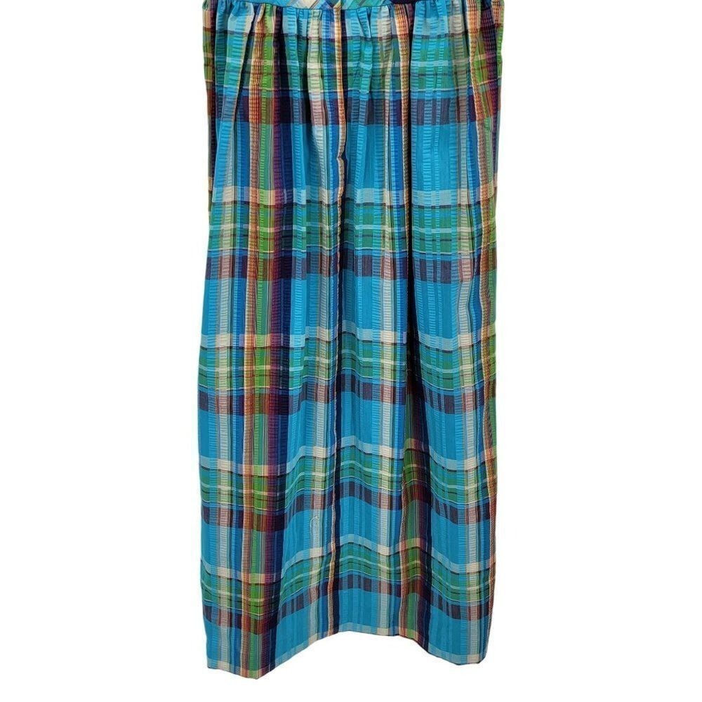 Vtg 70s Cottage Dopamine Rainbow Plaid Tie Waist Maxi Dress Sz M Textured Cotton - Picture 10 of 11